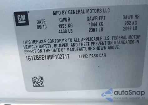 2011 Chevrolet Malibu Ls z USA, uszkodzony, nr VIN 1G1ZB5E14BF102717